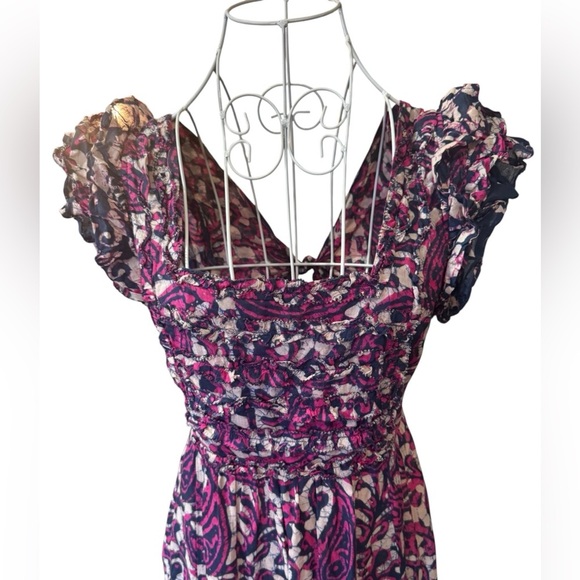 House Of Harlow 1960 Tiered Maxi Dress Tie Back Flutter Sleeve Purple Magenta XS - Picture 2 of 13